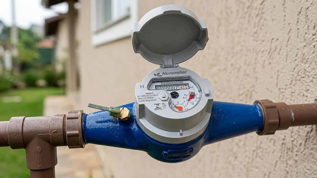 Hidrômetro com a tampa aberta instalado no cavalete de entrada de água da casa